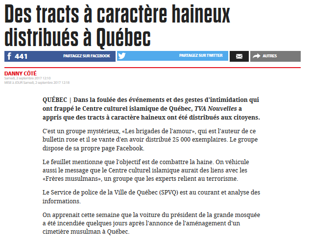 Des tracts � caract�re haineux distribu�s � Qu�bec.