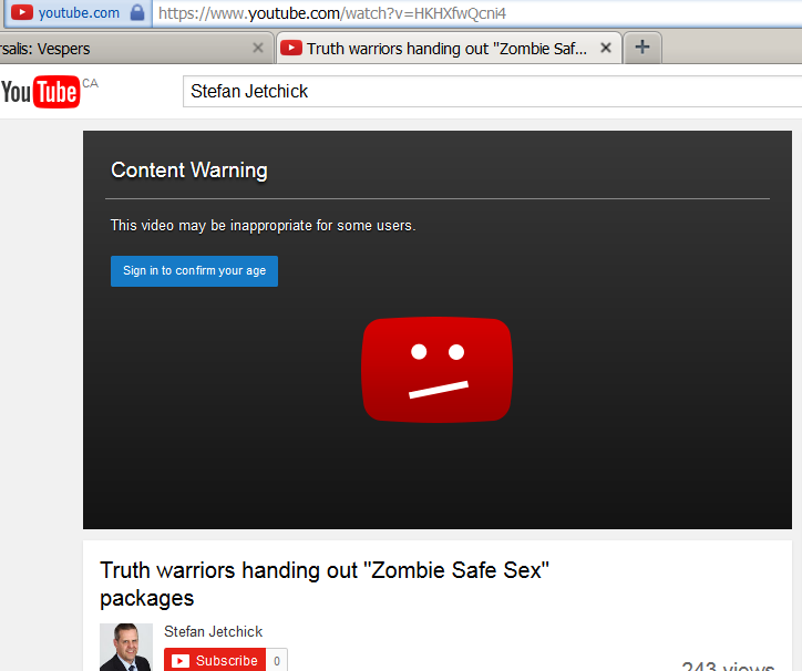 Age-restricted video warning on YouTube.