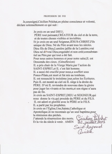 Profession de Foi de M. C�cilien Pelchat