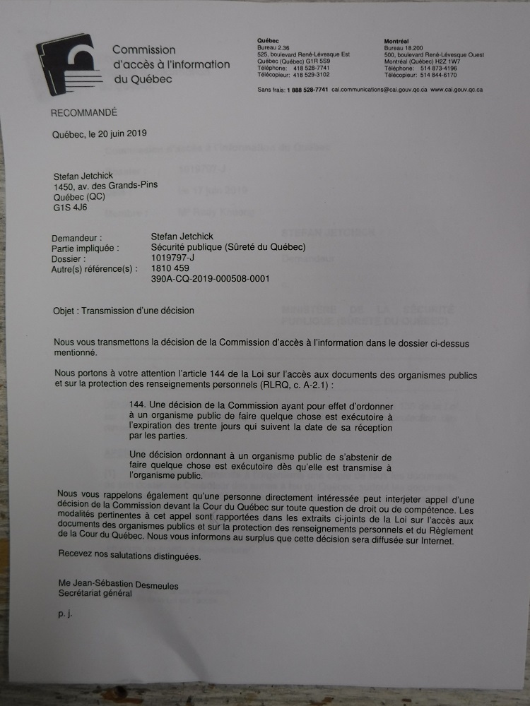 D�cision de la CAI; lettre d'introduction.