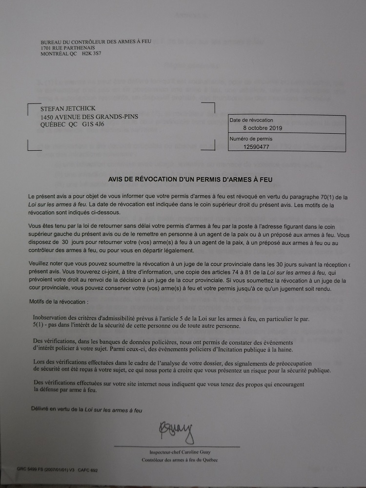 Premi�re page de l'Avis de r�vocation.