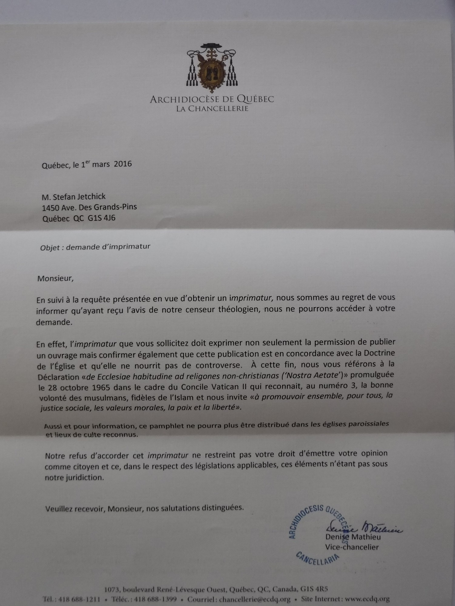 Premi�re r�ponse, par la vice-chanceli�re Denise Mathieu.