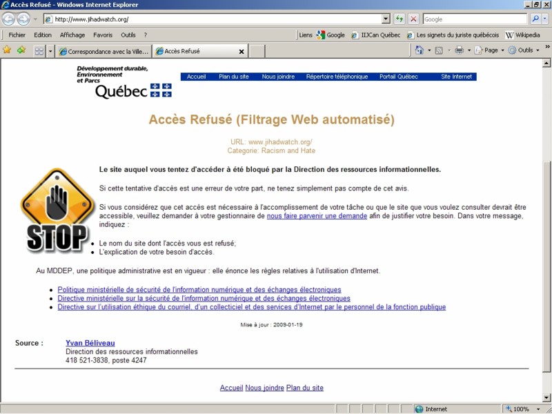 Clich� d'�cran: Le minist�re MDDEP n'aime pas non plus la libert� d'expression!