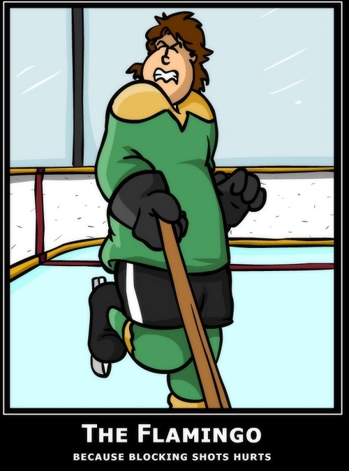 Hockey player doing the flamingo.