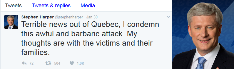 Reaction of Stephen Harper, ex-Prime Minister of Canada: �My thoughts are with the victims and their families�.