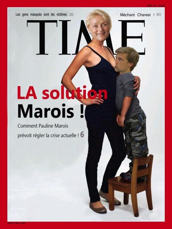 Pauline Marois, Leader of the Parti Qu�b�cois, breastfeeding Gabriel Nadeau-Dubois, a spokesman of the CLASSE student coalition.