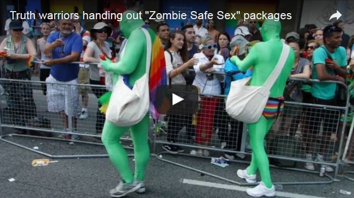 Truth warriors handing out �Zombie Safe Sex� packages.