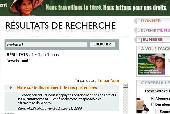 R�sultats de la recherche du mot �avortement� sur le site web de CCODP.